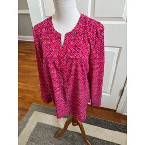 PRETTY TALBOTS FUSCHIA GEOMETRIC V NECK 1/2 BUTTON BLOUSE SIZE SMALL